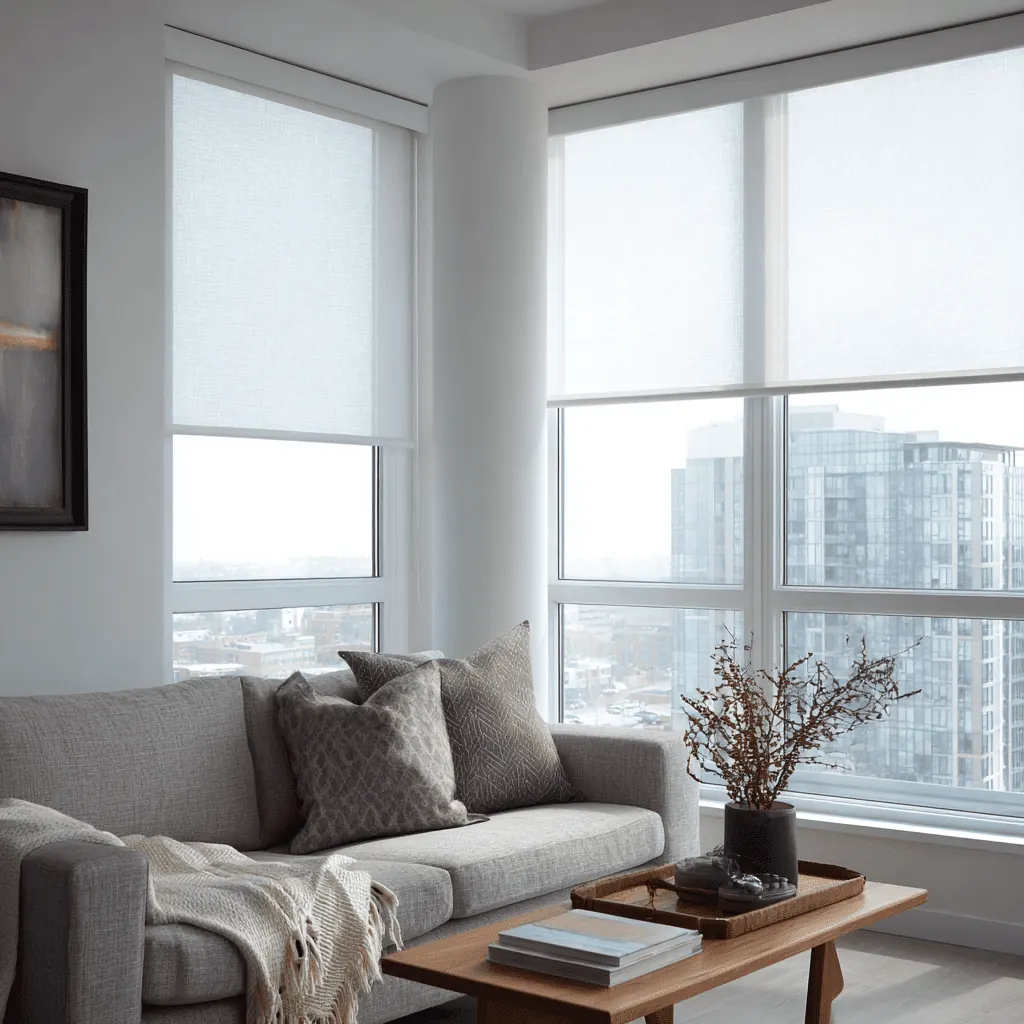 Motorized roller shades on tall Fishers windows